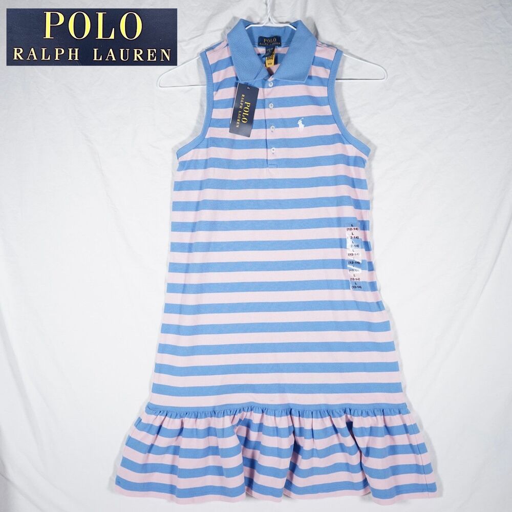 NWT Polo Ralph Lauren Girls Sleeveless Striped Dress Blue Pink Ruffle Large